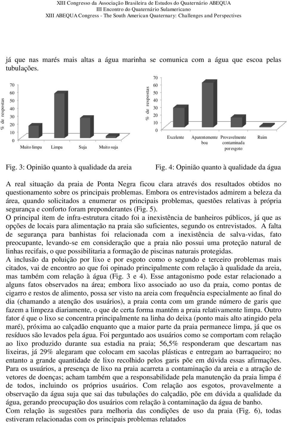 4: Opinião quanto à qualidade da água A real situação da praia de Ponta Negra ficou clara através dos resultados obtidos no questionamento sobre os principais problemas.