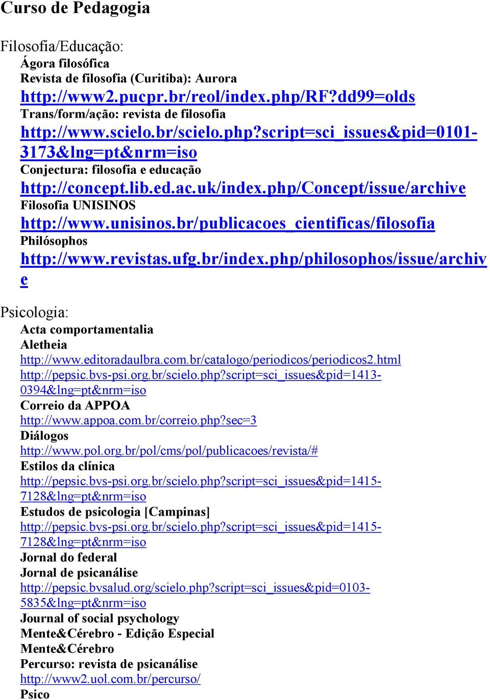 br/publicacoes_cientificas/filosofia Philósophos http://www.revistas.ufg.br/index.php/philosophos/issue/archiv e Psicologia: Acta comportamentalia Aletheia http://www.editoradaulbra.com.br/catalogo/periodicos/periodicos2.