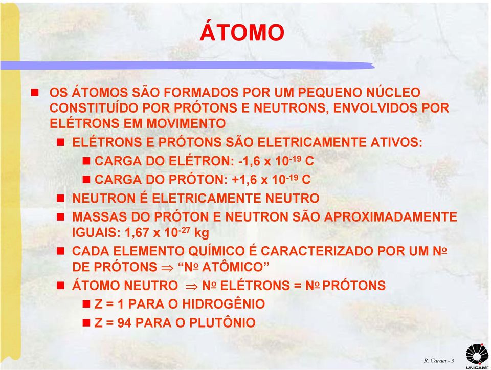 ELETRICAMENTE NEUTRO MASSAS DO PRÓTON E NEUTRON SÃO APROXIMADAMENTE IGUAIS: 1,67 x 10-7 kg CADA ELEMENTO QUÍMICO É