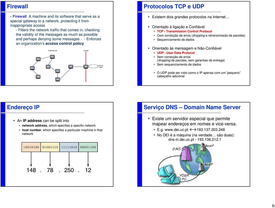 ligação e Confiável TCP - Transmission Control Protocol Com correcção de erros (dropping e retransmissão de pacotes) Sequenciamento de dados Orientado às mensagem e Não-Confiável UDP - User Data