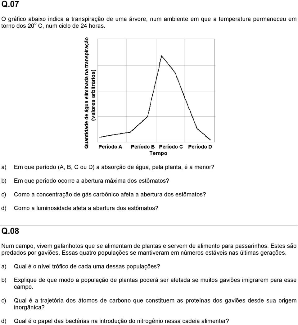 c) Como a concentração de gás carbônico afeta a abertura dos estômatos? d) Como a luminosidade afeta a abertura dos estômatos? Q.