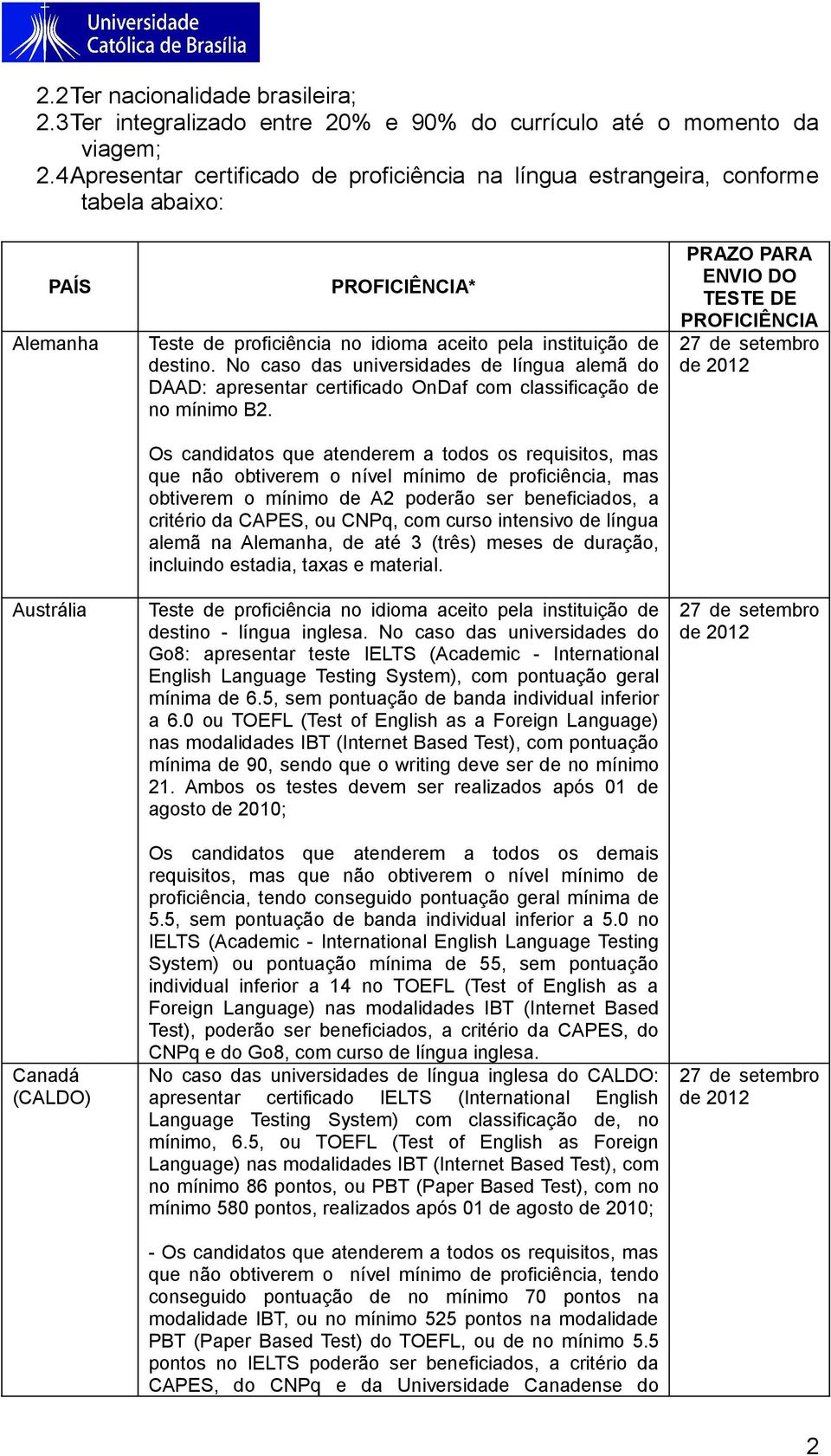 destino. No caso das universidades de língua alemã do DAAD: apresentar certificado OnDaf com classificação de no mínimo B2.