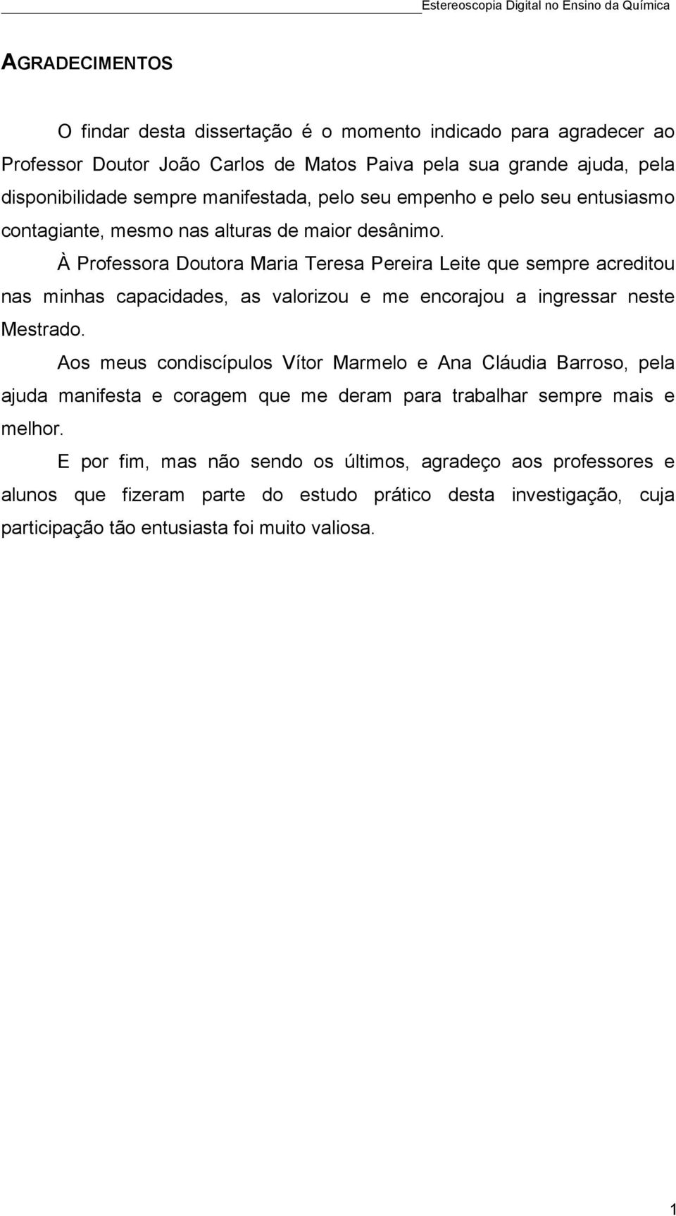 À Professora Doutora Maria Teresa Pereira Leite que sempre acreditou nas minhas capacidades, as valorizou e me encorajou a ingressar neste Mestrado.