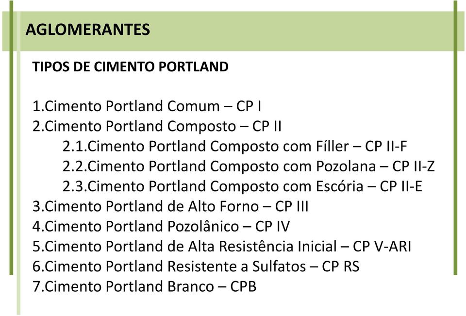 CimentoPortlanddeAltoForno CPIII 4.Cimento Portland Pozolânico CP IV 5.