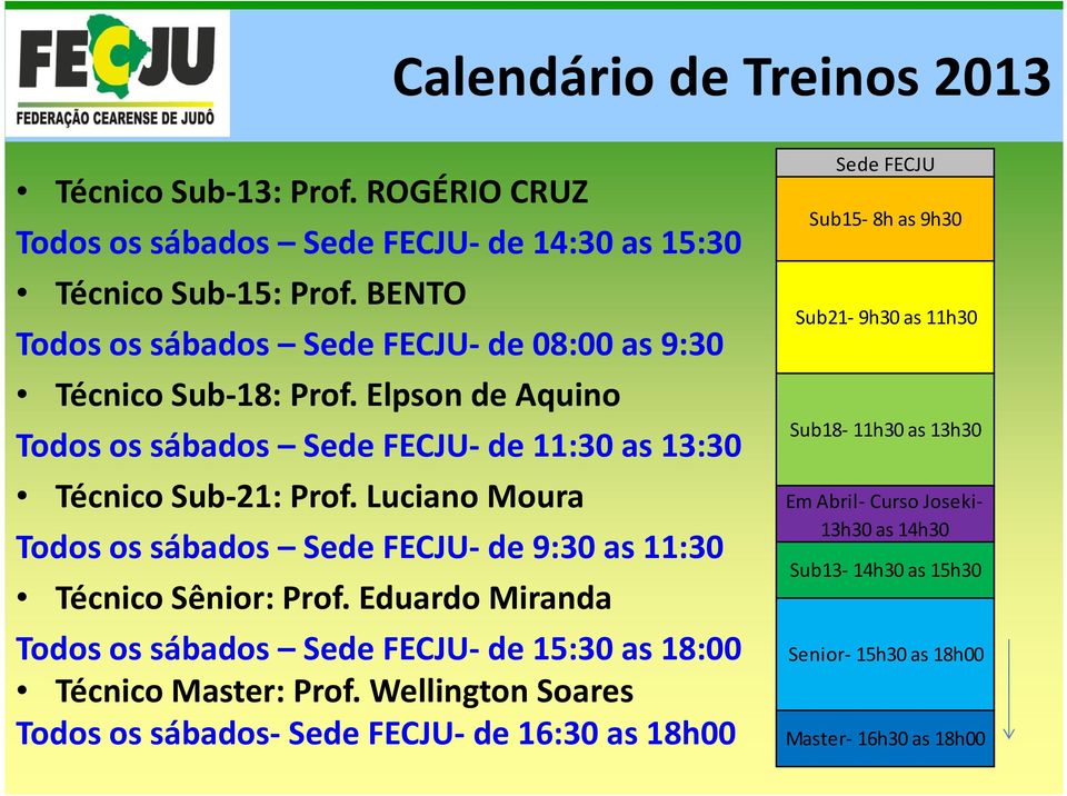 Luciano Moura Todos os sábados Sede FECJU-de 9:30 as 11:30 Técnico Sênior: Prof.