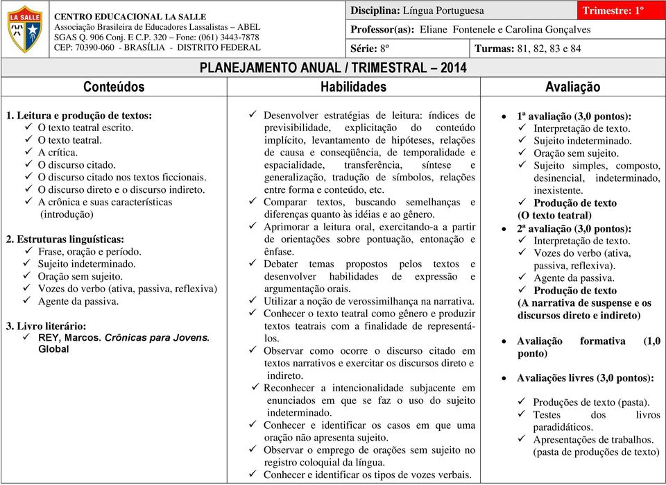 84 PLANEJAMENTO ANUAL / TRIMESTRAL 2014 Conteúdos Habilidades Avaliação 1. Leitura e produção de textos: O texto teatral escrito. O texto teatral. A crítica. O discurso citado.