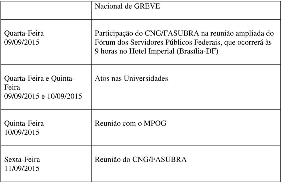Imperial (Brasília-DF) Quarta-Feira e Quinta- Feira 09/09/2015 e 10/09/2015 Atos nas