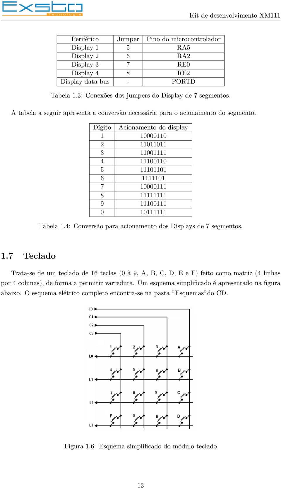 Dígito Acionamento do display 1 10000110 2 11011011 3 11001111 4 11100110 5 11101101 6 1111101 7 10000111 8 11111111 9 11100111 0 10111111 Tabela 1.