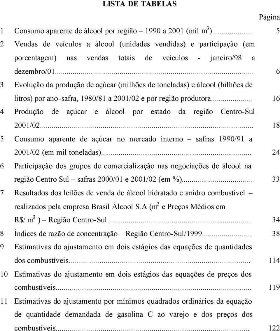 .. 6 3 Evolução da produção de açúcar (milhões de oneladas) e álcool (bilhões de liros) por ano-safra, 1980/81 a 2001/02 e por região produora.