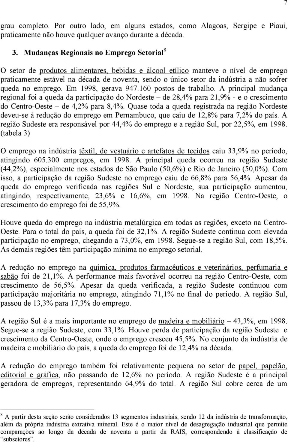 indústria a não sofrer queda no emprego. Em 1998, gerava 947.160 postos de trabalho.