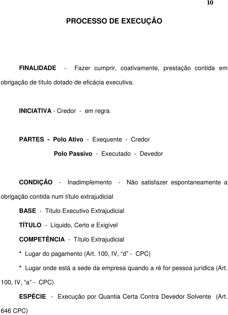 a obrigação contida num título extrajudicial BASE - Título Executivo Extrajudicial TÍTULO - Líquido, Certo e Exigível COMPETÊNCIA - Título Extrajudicial * Lugar do