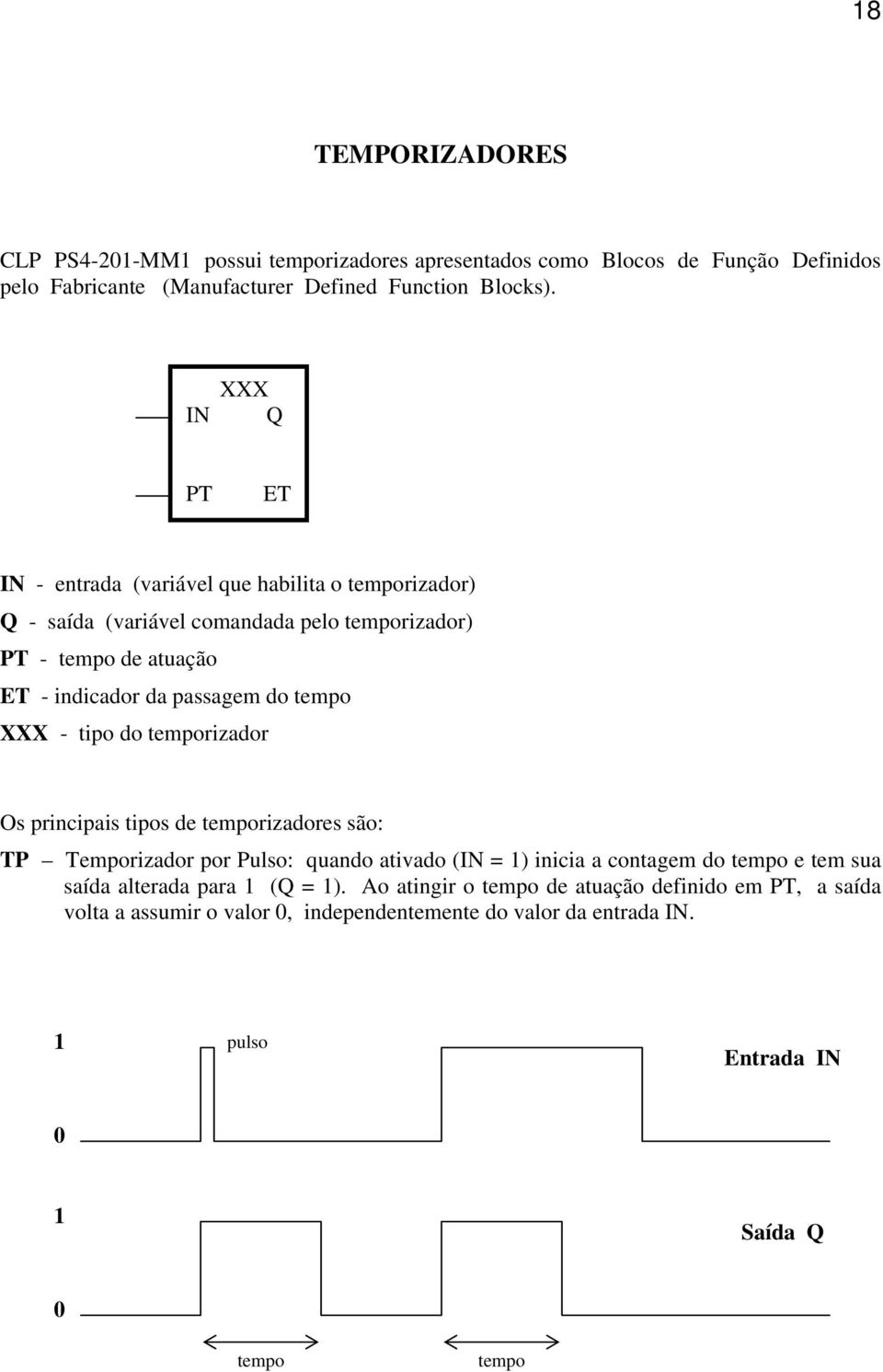 tempo XXX - tipo do temporizador Os principais tipos de temporizadores são: TP Temporizador por Pulso: quando ativado (IN = 1) inicia a contagem do tempo e tem sua saída