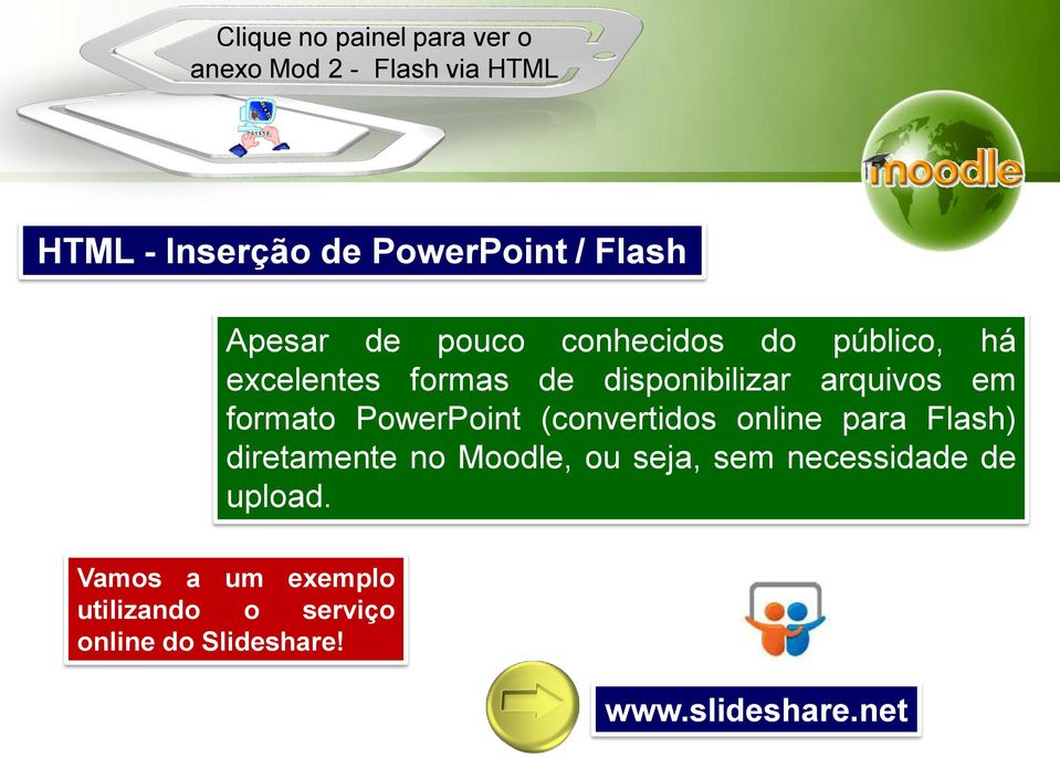 em formato PowerPoint (convertidos online para Flash) diretamente no Moodle, ou seja, sem