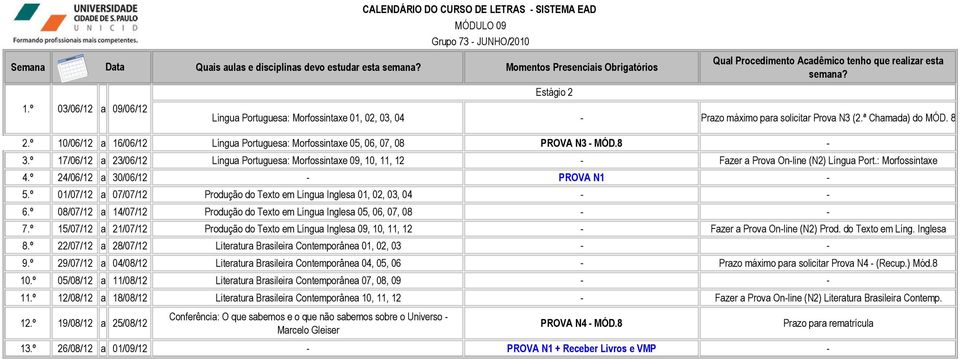 º 17/06/12 a 23/06/12 Língua Portuguesa: Morfossintaxe 09, 10, 11, 12 - Fazer a Prova On-line (N2) Língua Port.: Morfossintaxe 4.º 24/06/12 a 30/06/12 - PROVA N1-5.