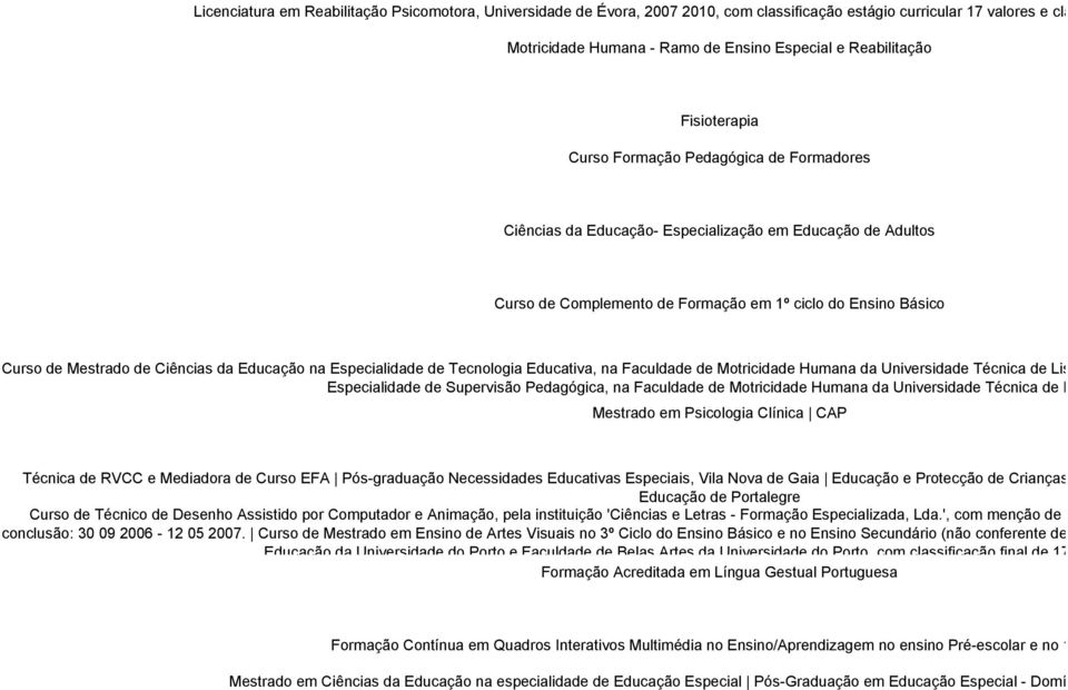 Curso de Mestrado de Ciências da Educação na Especialidade de Tecnologia Educativa, na Faculdade de Motricidade Humana da Universidade Técnica de Lisboa.