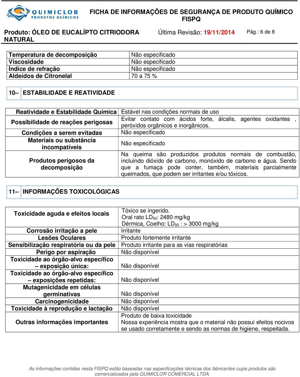 uso Possibilidade de reações perigosas Evitar contato com ácidos forte, álcalis, agentes oxidantes, peróxidos orgânicos e inorgânicos.