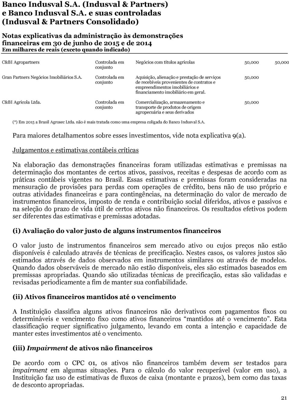 não é mais tratada como uma empresa coligada do Banco Indusval S.A. Para maiores detalhamentos sobre esses investimentos, vide nota explicativa 9(a).