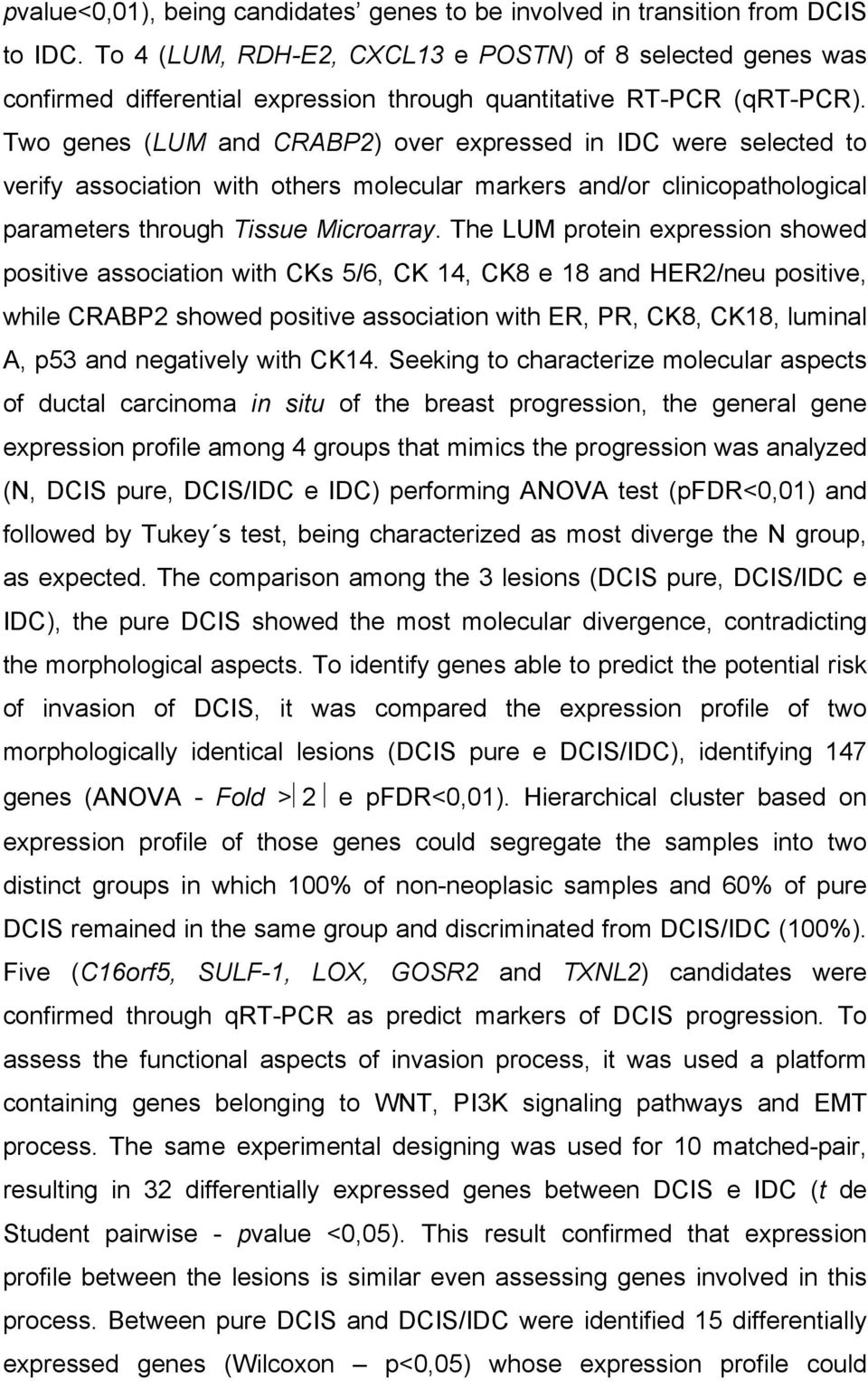 Two genes (LUM and CRABP2) over expressed in IDC were selected to verify association with others molecular markers and/or clinicopathological parameters through Tissue Microarray.