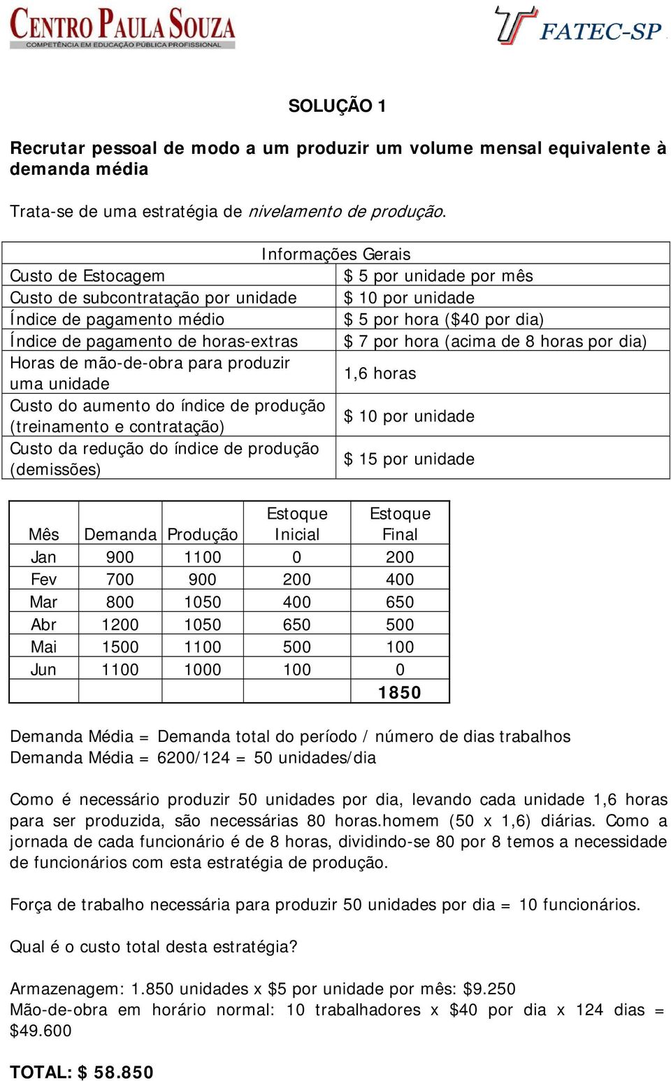 1000 100 0 1850 Demanda Média = Demanda total do período / número de dias trabalhos Demanda Média = 6200/124 = 50 unidades/dia Como é necessário produzir 50 unidades por dia, levando cada unidade