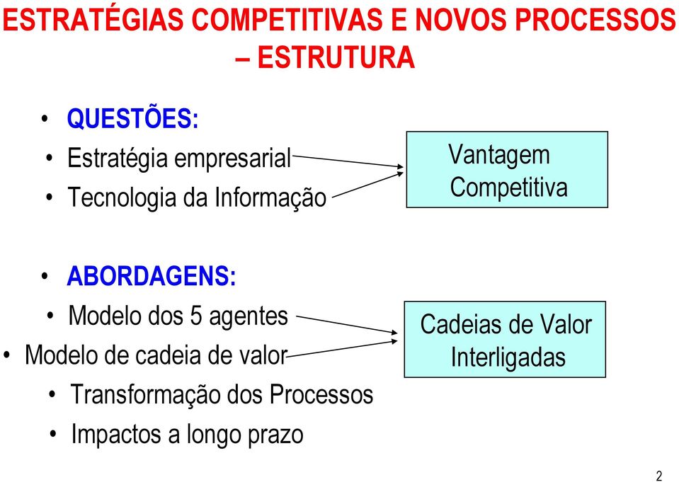 ABORDAGENS: Modelo dos 5 agentes Modelo de cadeia de valor