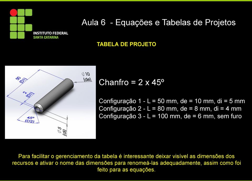 furo Para facilitar o gerenciamento da tabela é interessante deixar visível as dimensões dos