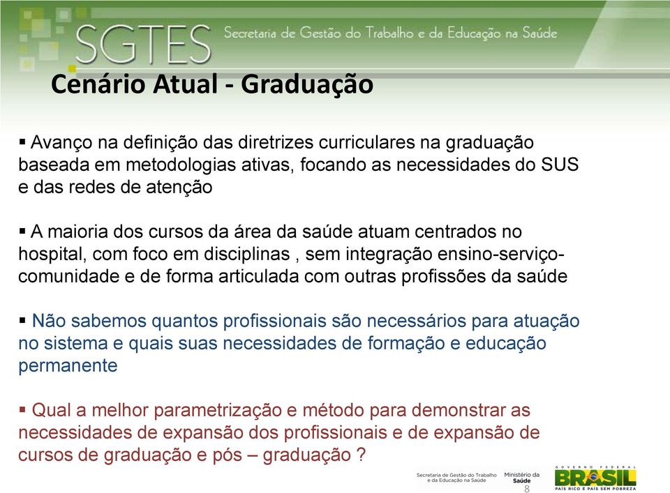 articulada com outras profissões da saúde Não sabemos quantos profissionais são necessários para atuação no sistema e quais suas necessidades de formação e