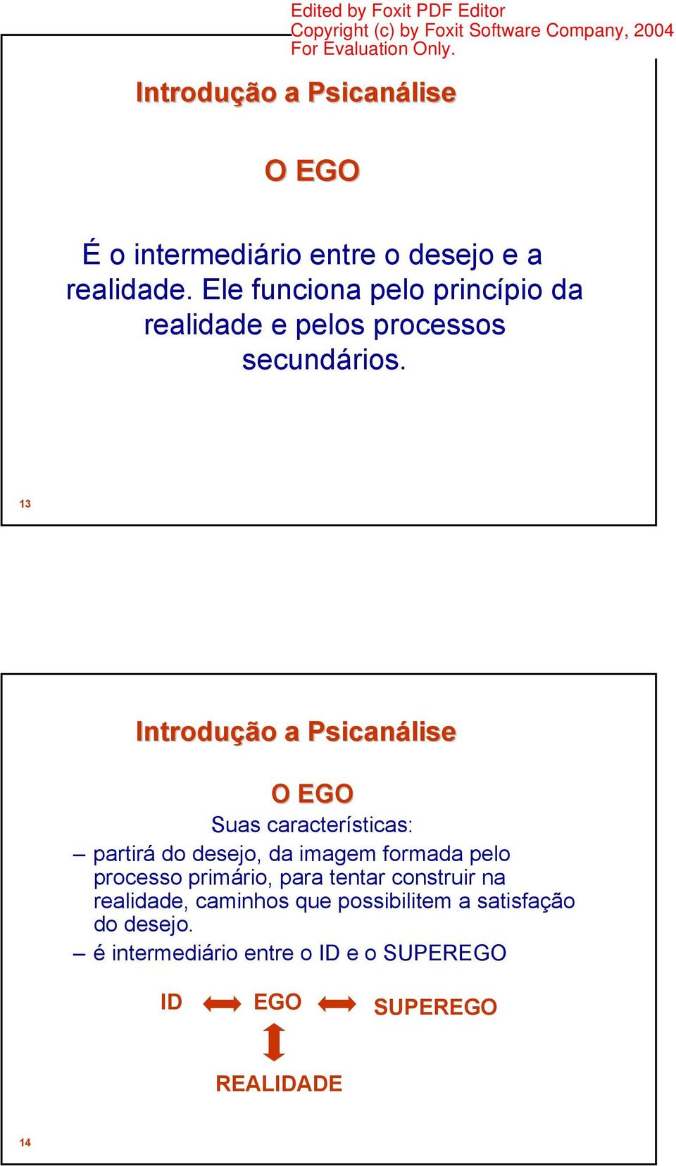 13 O EGO Suas características: partirá do desejo, da imagem formada pelo processo primário,