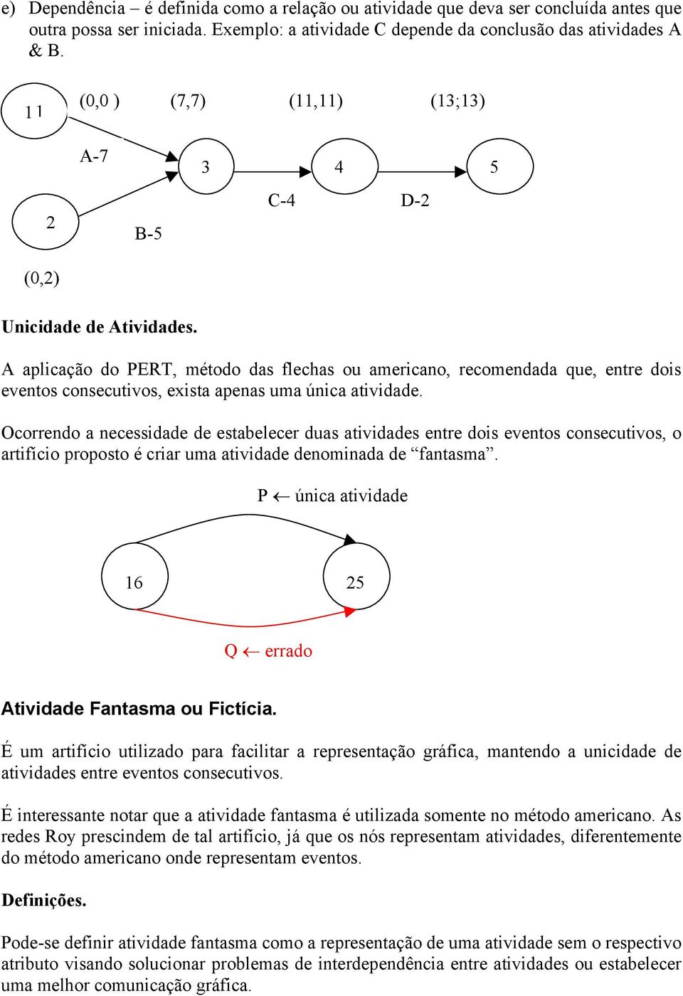 A aplicação do PERT, método das flechas ou americano, recomendada que, entre dois eventos consecutivos, exista apenas uma única atividade.