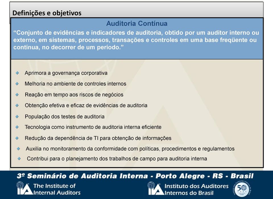 Aprimora a governança corporativa Melhoria no ambiente de controles internos Reação em tempo aos riscos de negócios Obtenção efetiva e eficaz de evidências de auditoria População