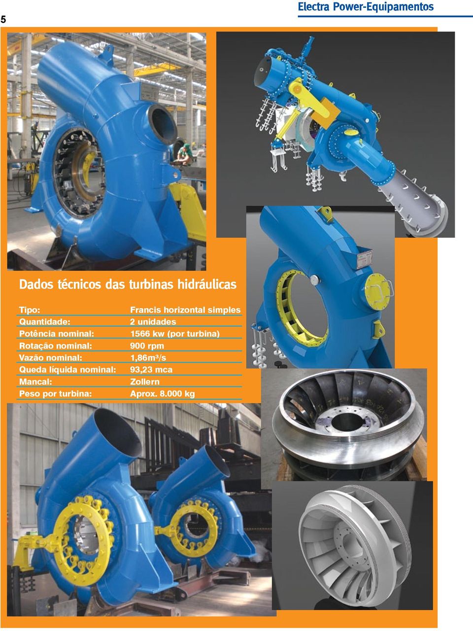 líquida nominal: Mancal: Peso por turbina: Francis horizontal simples 2