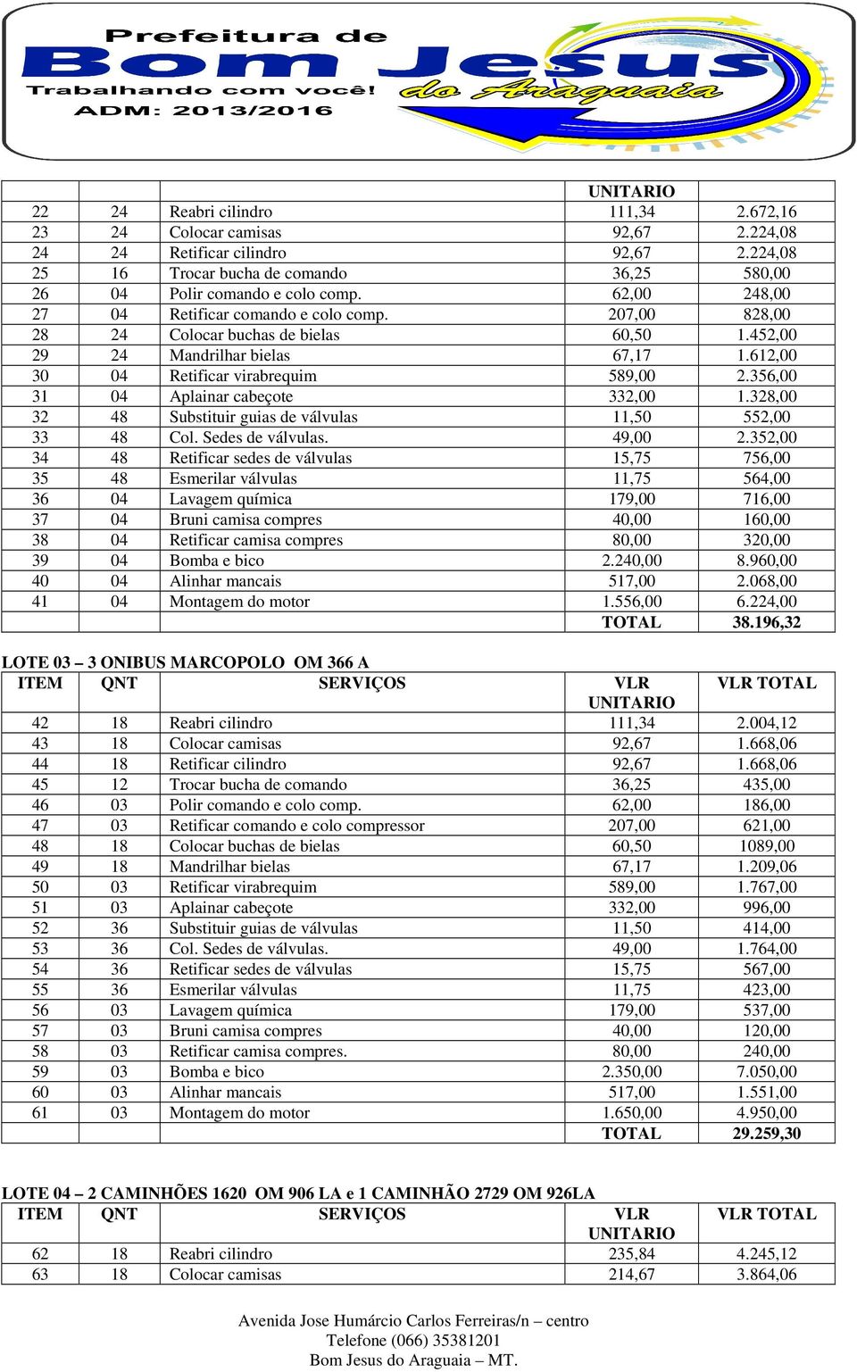 356,00 31 04 Aplainar cabeçote 332,00 1.328,00 32 48 Substituir guias de válvulas 11,50 552,00 33 48 Col. Sedes de válvulas. 49,00 2.