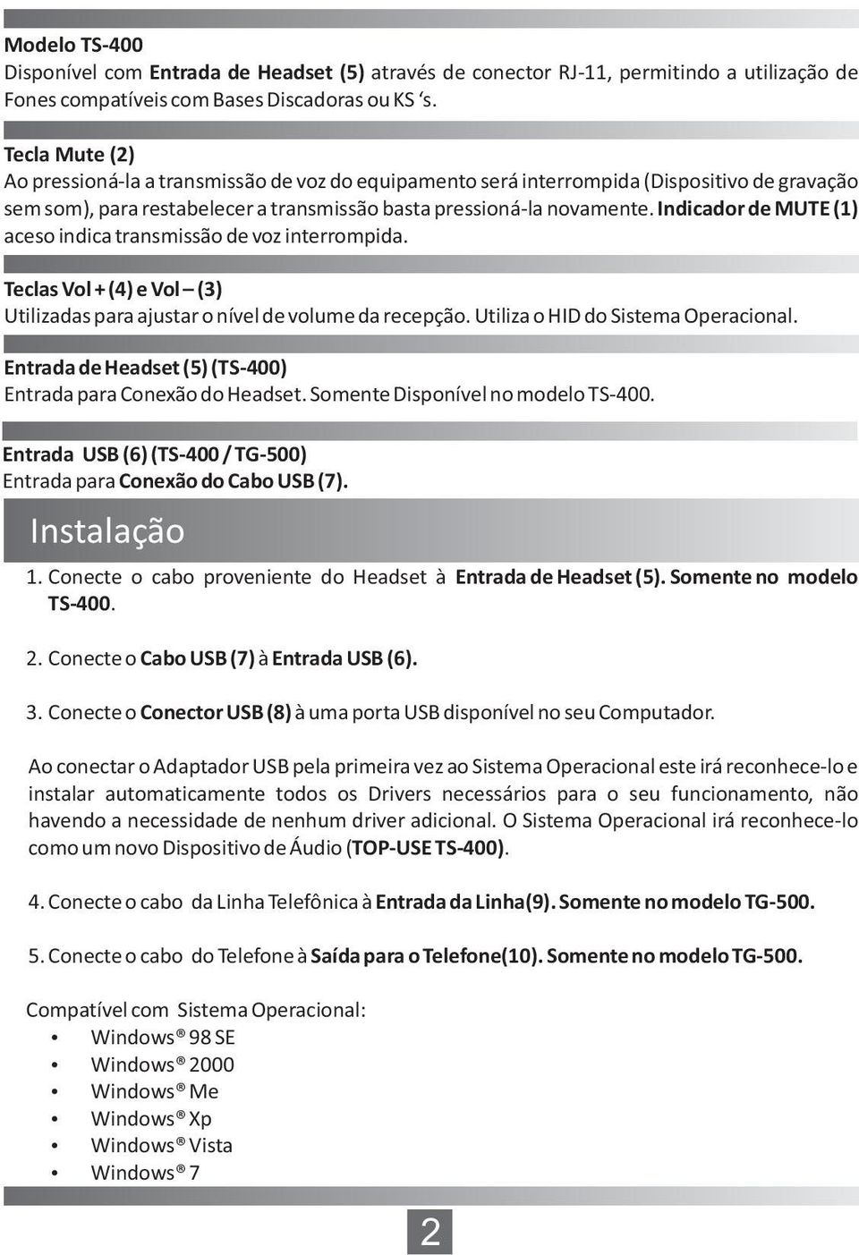 Indicador de MUTE (1) aceso indica transmissão de voz interrompida. Teclas Vol + (4) e Vol (3) Utilizadas para ajustar o nível de volume da recepção. Utiliza o HID do Sistema Operacional.