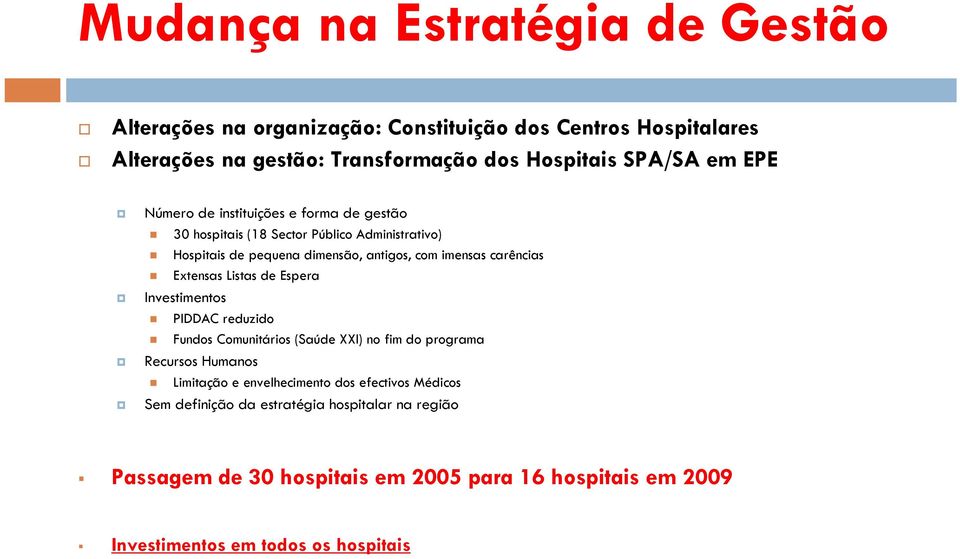 Extensas Listas de Espera Investimentos PIDDAC reduzido Fundos Comunitários (Saúde XXI) no fim do programa Recursos Humanos Limitação e envelhecimento dos