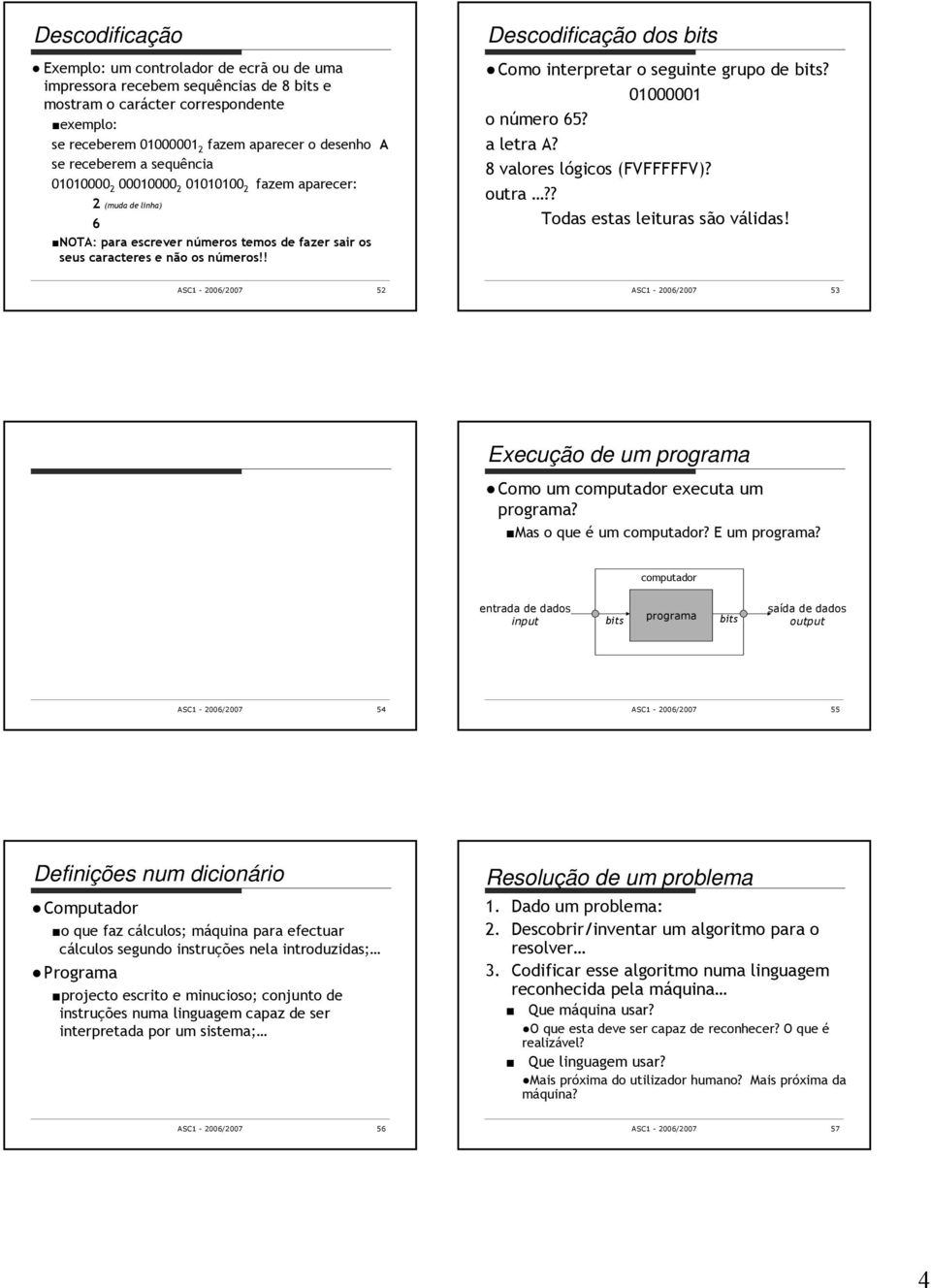 o número 5? a letra A? 8 valores lógicos ()? outra?? Todas estas leituras são válidas! ASC - /7 5 ASC - /7 53 Execução de um a Como um executa um a? Mas o que é um? E um a?