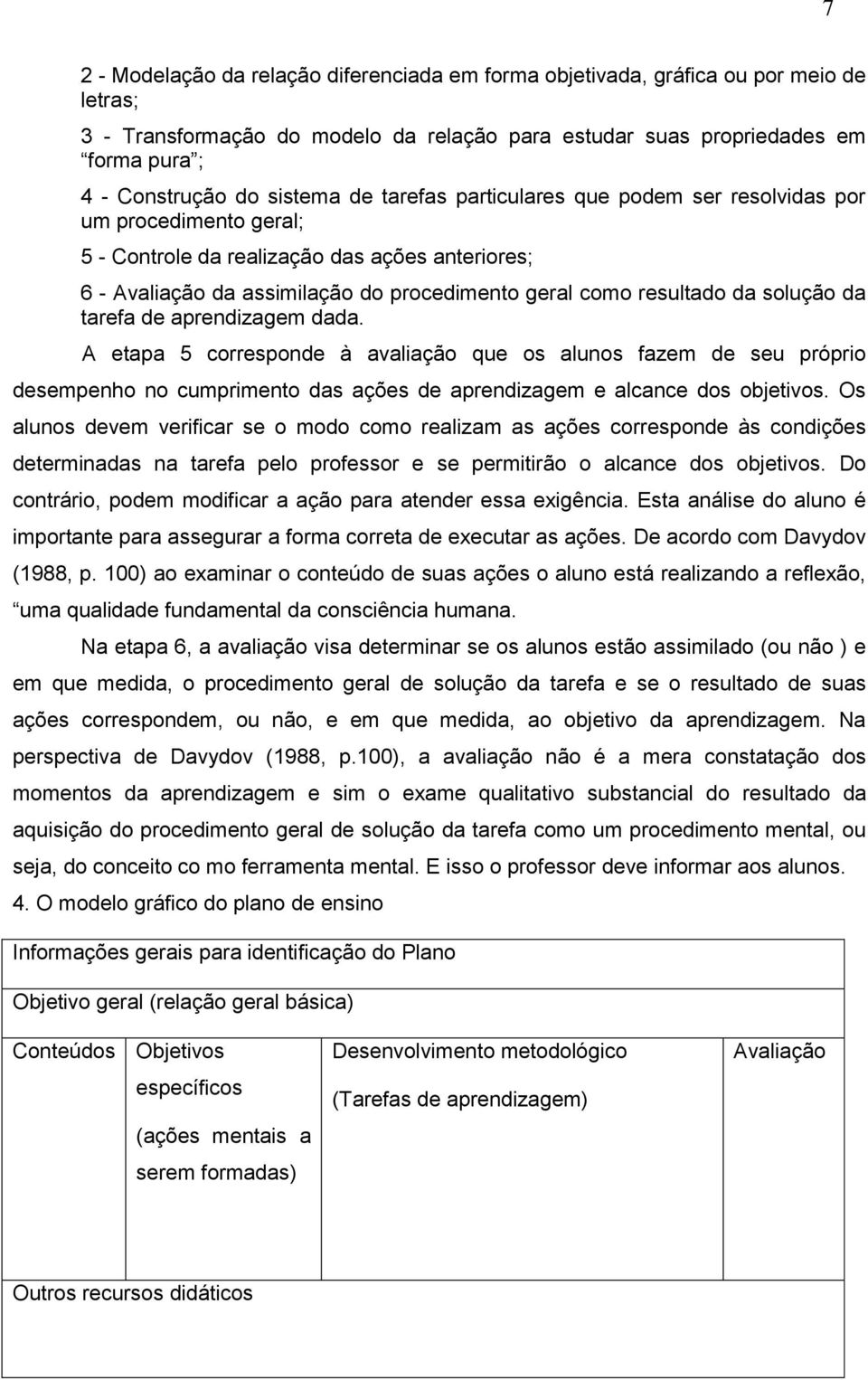 da solução da tarefa de aprendizagem dada. A etapa 5 corresponde à avaliação que os alunos fazem de seu próprio desempenho no cumprimento das ações de aprendizagem e alcance dos objetivos.