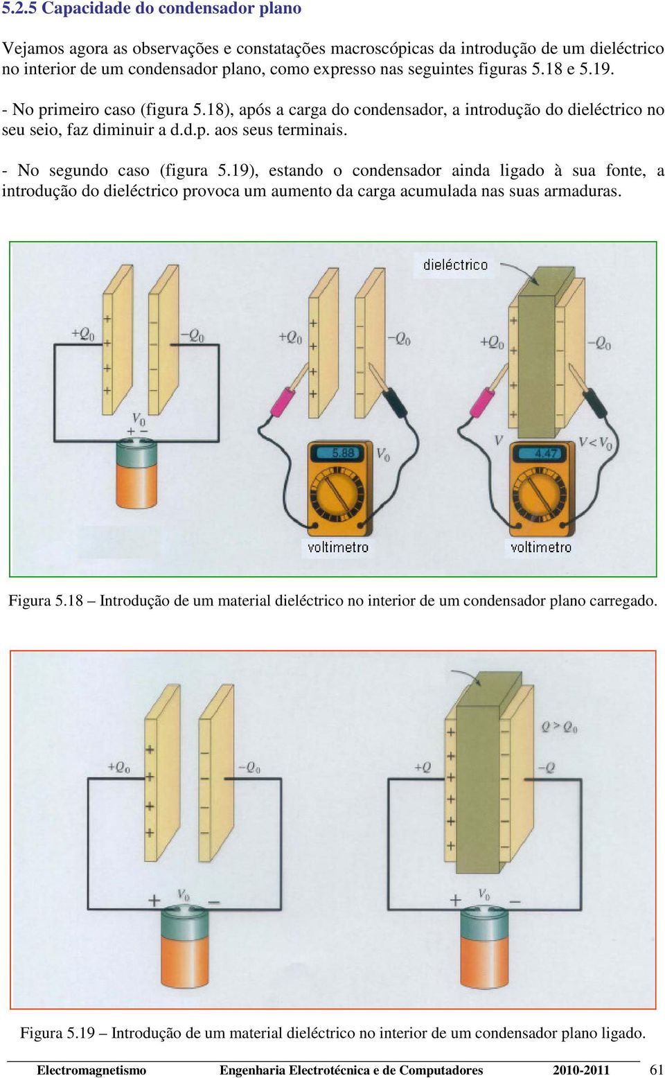 9), estando o condensador ainda ligado à sua fonte, a introdução do dieléctrico provoca um aumento da carga acumulada nas suas armaduras. Figura 5.