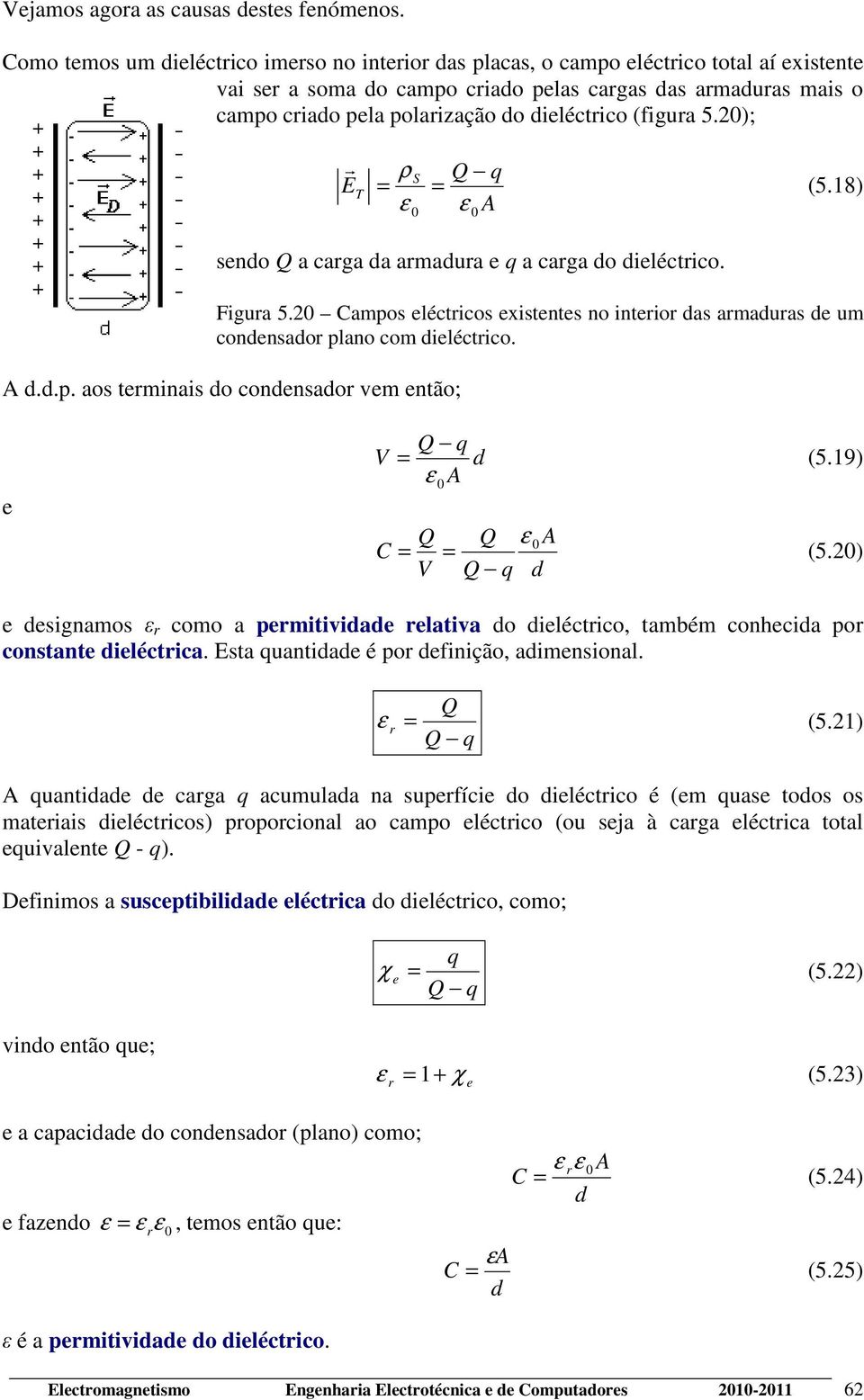 dieléctrico (figura 5.20); r E T ρ S Q q = = ε 0 ε 0 A (5.8) sendo Q a carga da armadura e q a carga do dieléctrico. Figura 5.