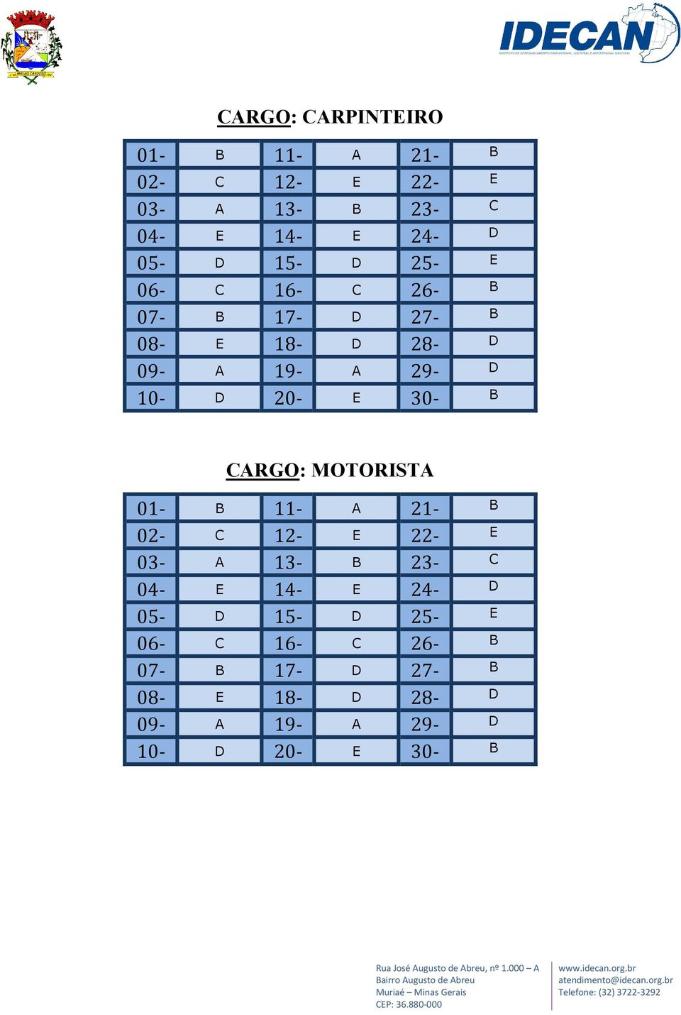 30- B CARGO: MOTORISTA 01- B 11- A 21- B 02- C 12- E 22- E 03- A 13- B 23- C 04- E 14- E 24- D 05-