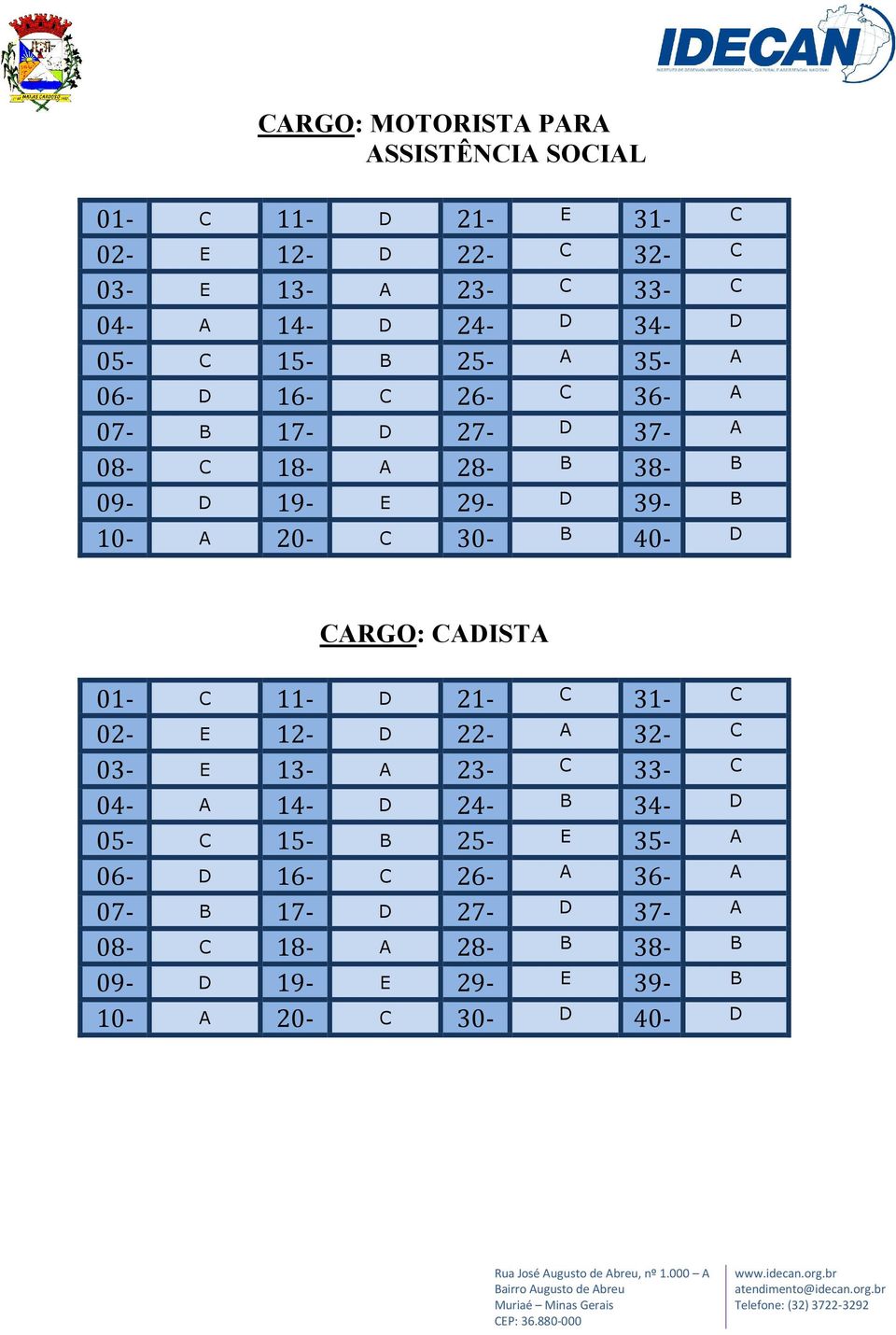 20- C 30- B 40- D CARGO: CADISTA 01- C 11- D 21- C 31- C 02- E 12- D 22- A 32- C 03- E 13- A 23- C 33- C 04- A 14- D 24- B 34- D 05-