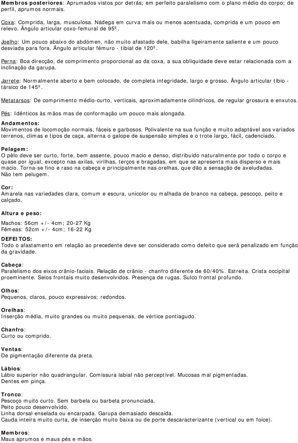 Joelho: Um pouco abaixo do abdómen, não muito afastado dele, babilha ligeiramente saliente e um pouco desviada para fora. Ângulo articular fémuro - tibial de 120º.