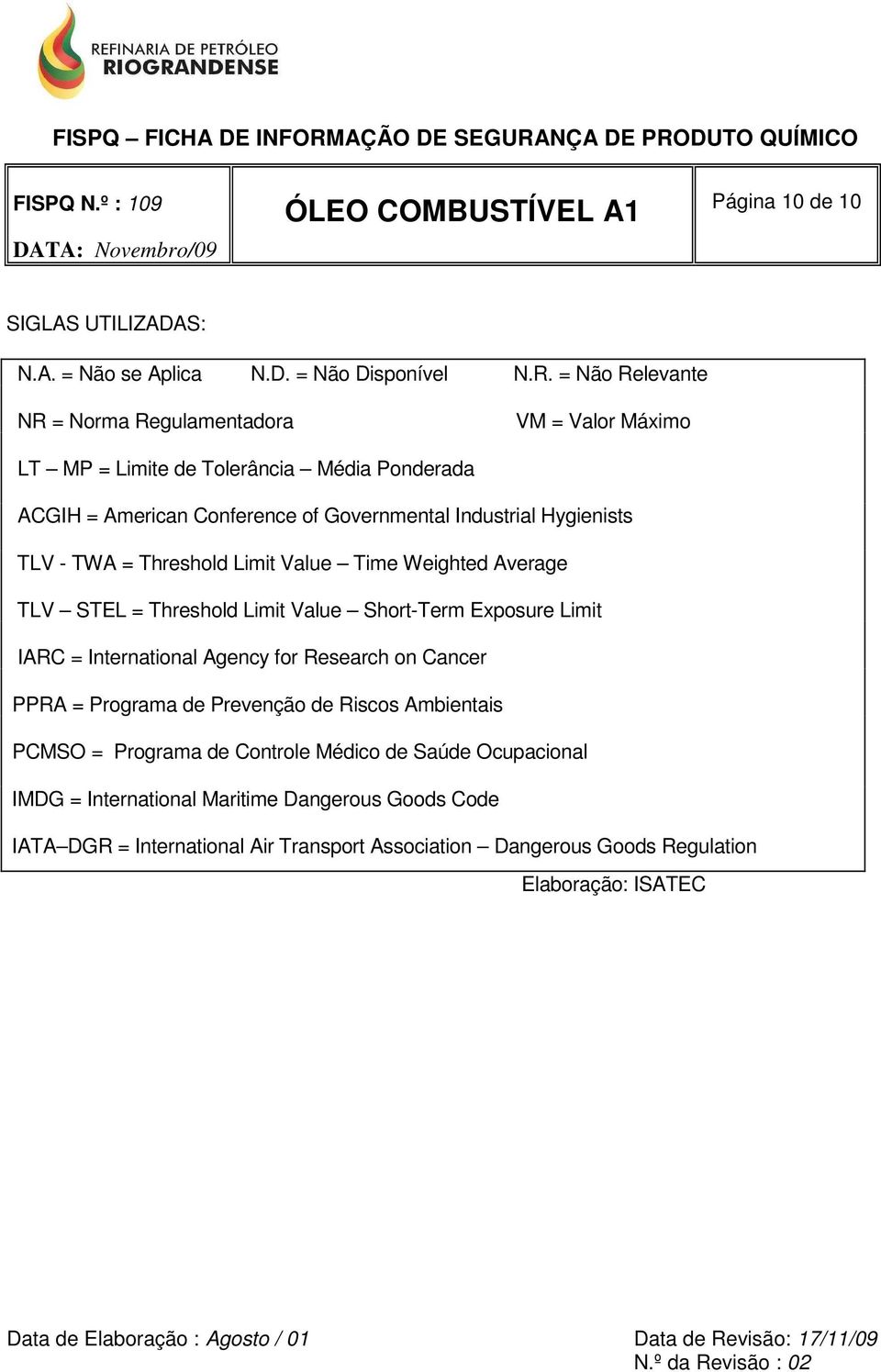 Hygienists TLV - TWA = Threshold Limit Value Time Weighted Average TLV STEL = Threshold Limit Value Short-Term Exposure Limit IARC = International Agency for Research