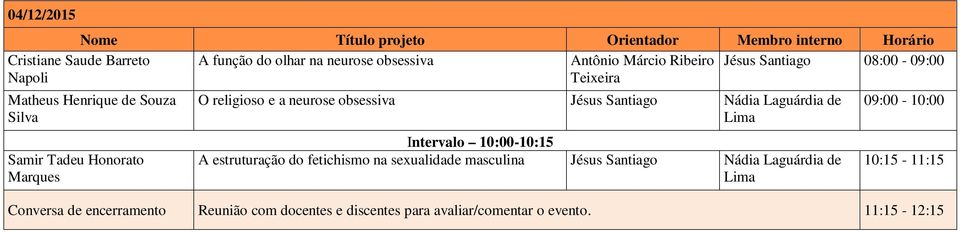 neurose obsessiva Jésus Santiago Nádia Laguárdia de Lima Intervalo 10:00-10:15 A estruturação do fetichismo na sexualidade masculina Jésus