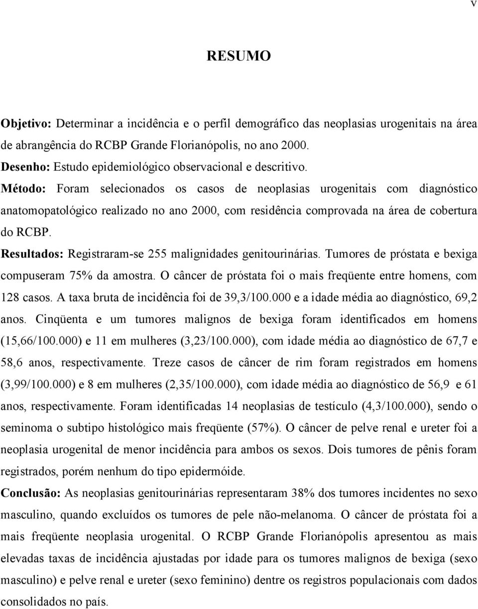 Método: Foram selecionados os casos de neoplasias urogenitais com diagnóstico anatomopatológico realizado no ano 2000, com residência comprovada na área de cobertura do RCBP.