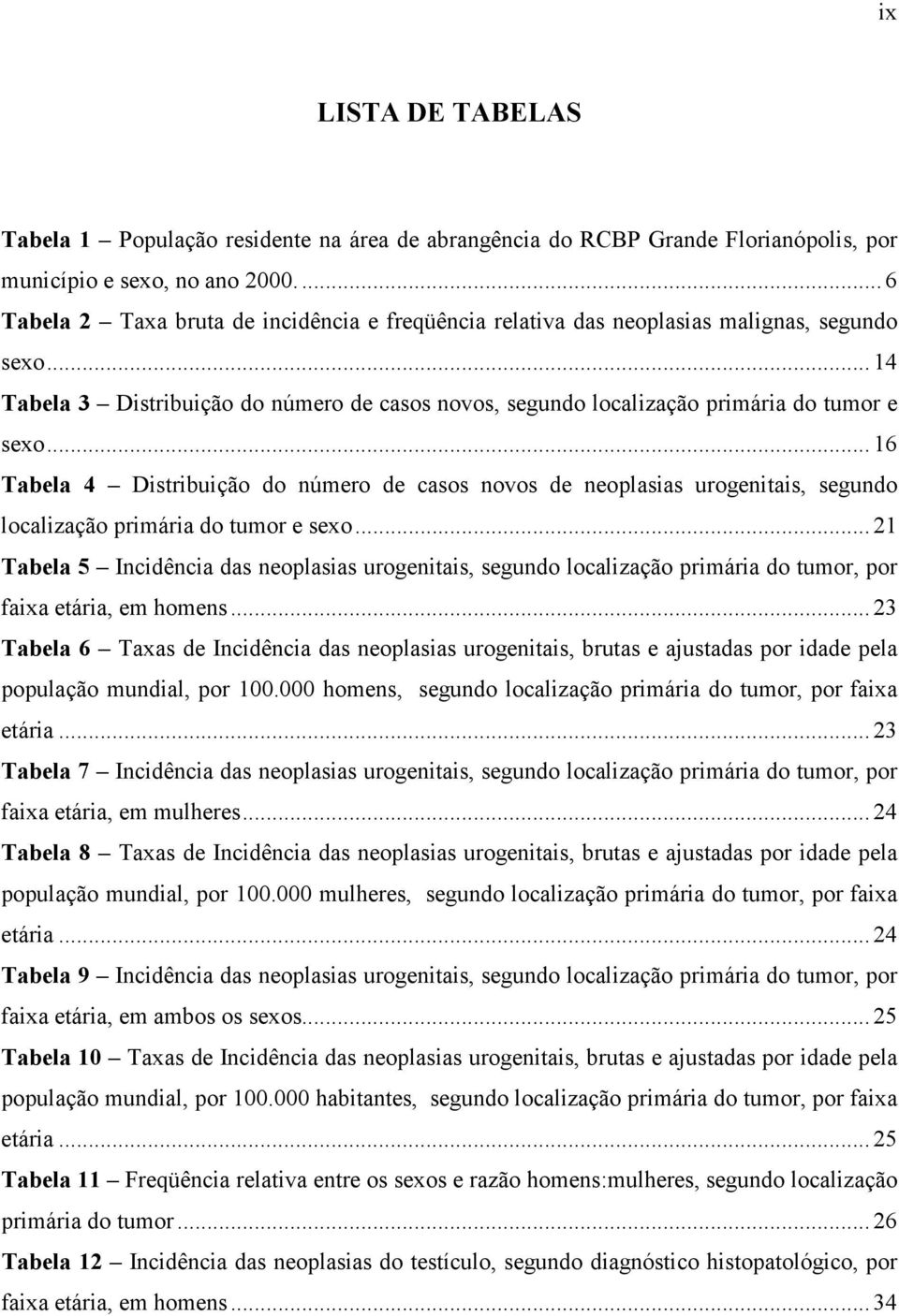 .. 16 Tabela 4 Distribuição do número de casos novos de neoplasias urogenitais, segundo localização primária do tumor e sexo.