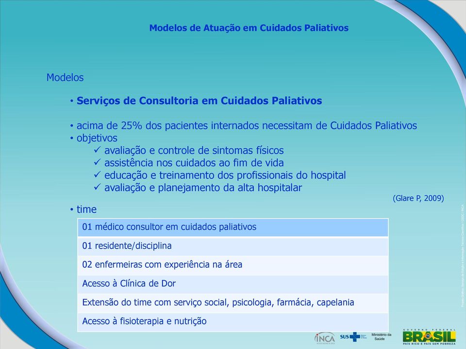 avaliação e planejamento da alta hospitalar (Glare P, 2009) time 01 médico consultor em cuidados paliativos 01 residente/disciplina 02