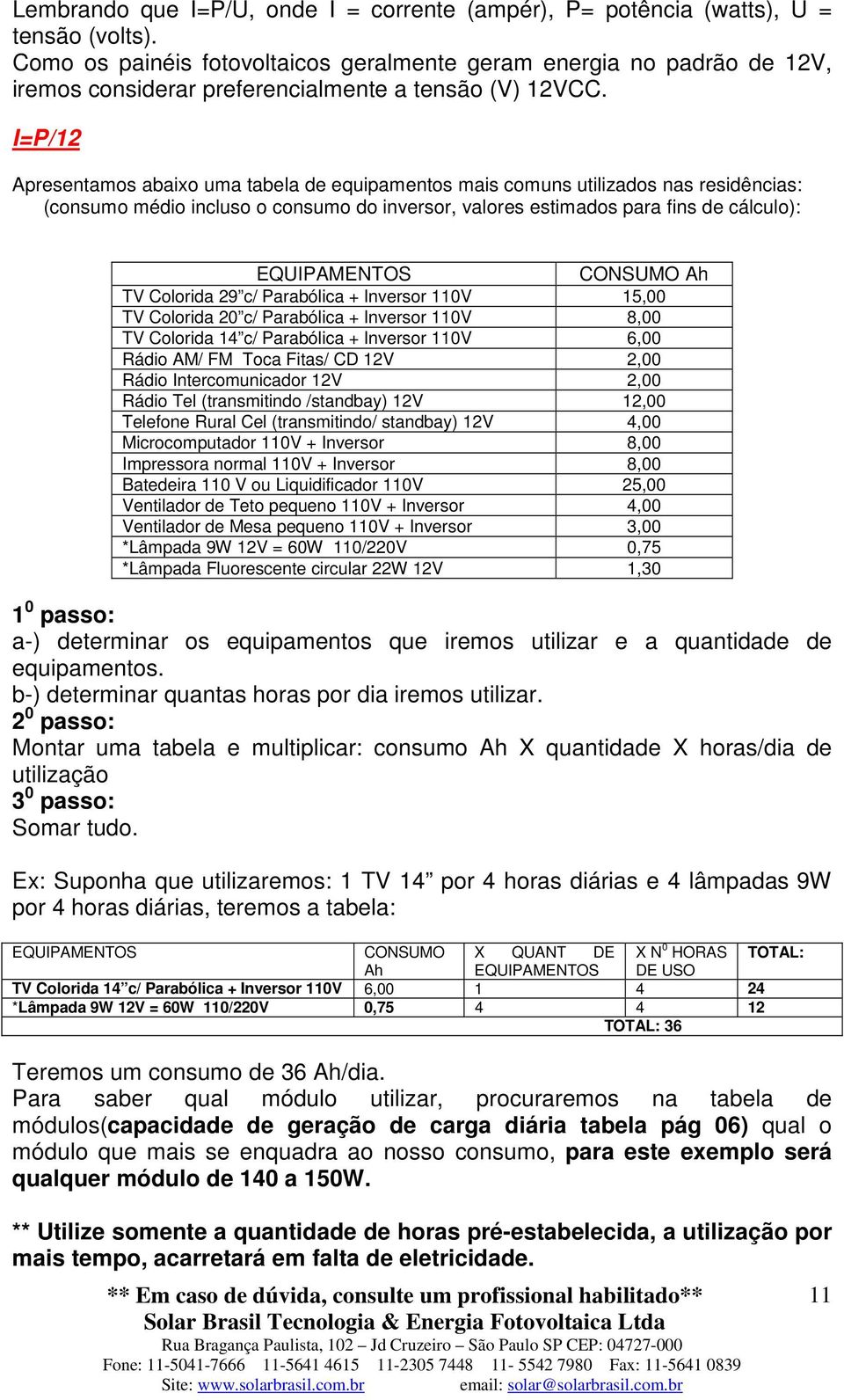 I=P/12 Apresentamos abaixo uma tabela de equipamentos mais comuns utilizados nas residências: (consumo médio incluso o consumo do inversor, valores estimados para fins de cálculo): EQUIPAMENTOS