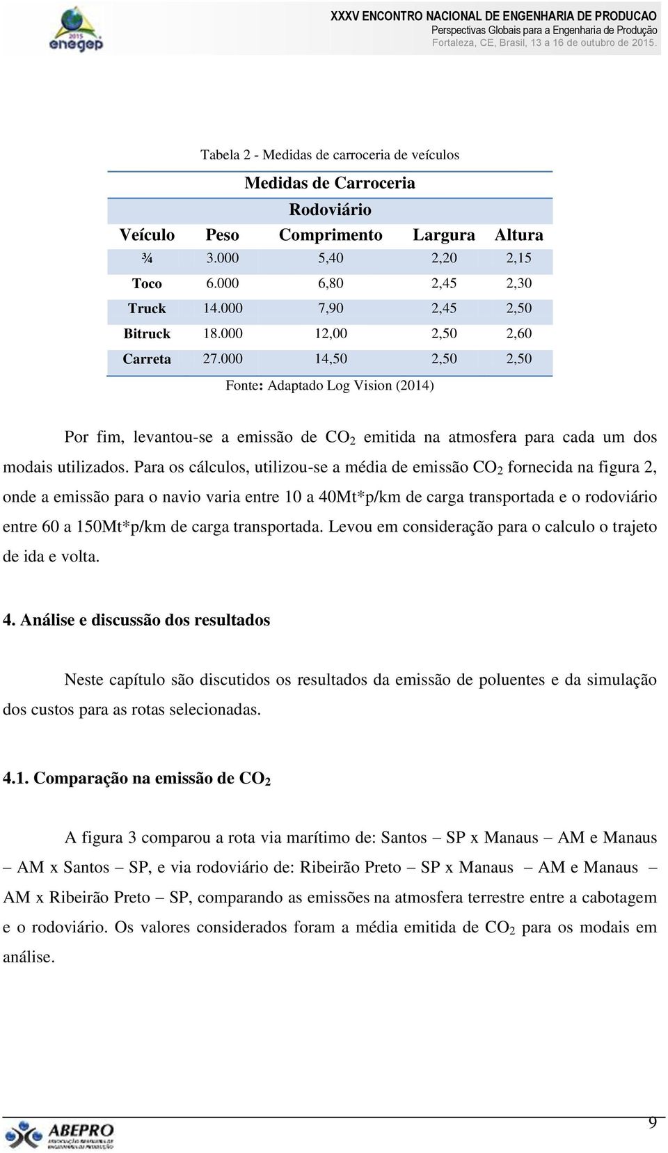 000 14,50 2,50 2,50 Fonte: Adaptado Log Vision (2014) Por fim, levantou-se a emissão de CO 2 emitida na atmosfera para cada um dos modais utilizados.