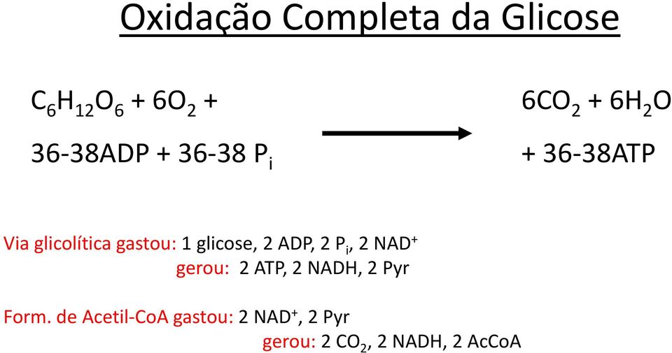 glicose, 2 ADP, 2 P i, 2 NAD + gerou: 2 ATP, 2 NADH, 2 Pyr Form.