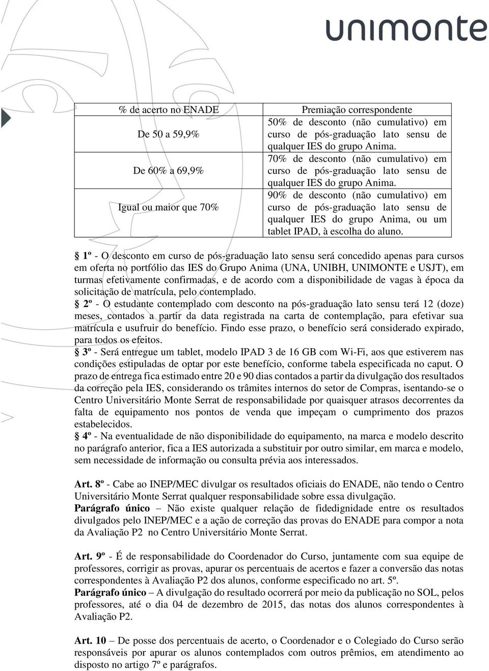 90% de desconto (não cumulativo) em Igual ou maior que 70% curso de pós-graduação lato sensu de qualquer IES do grupo Anima, ou um tablet IPAD, à escolha do aluno.