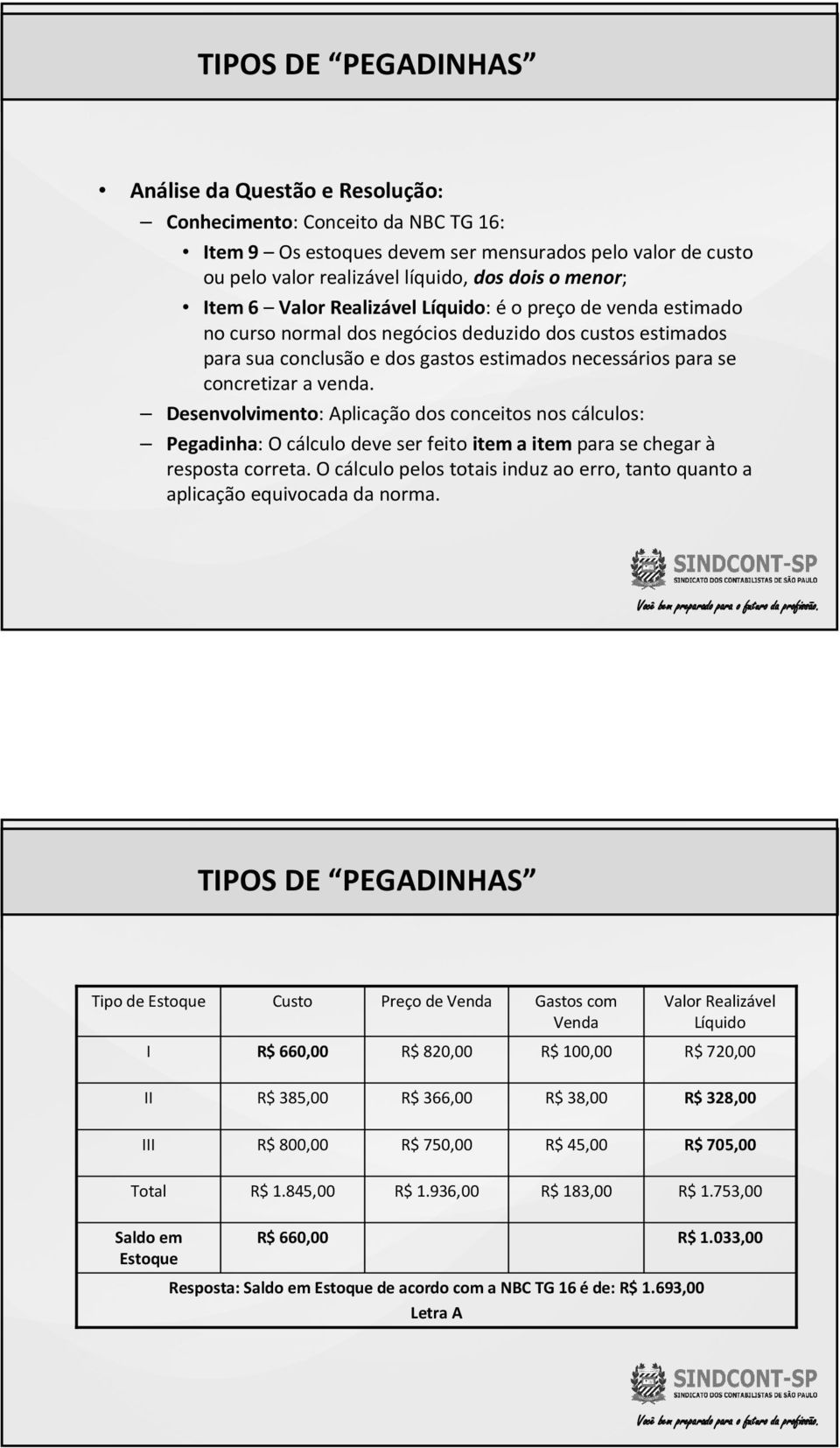 a venda. Desenvolvimento: Aplicação dos conceitos nos cálculos: Pegadinha: O cálculo deve ser feito item a itempara se chegar à resposta correta.